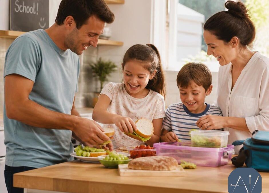 A family gathers in the kitchen, preparing food together, showcasing teamwork and culinary activity